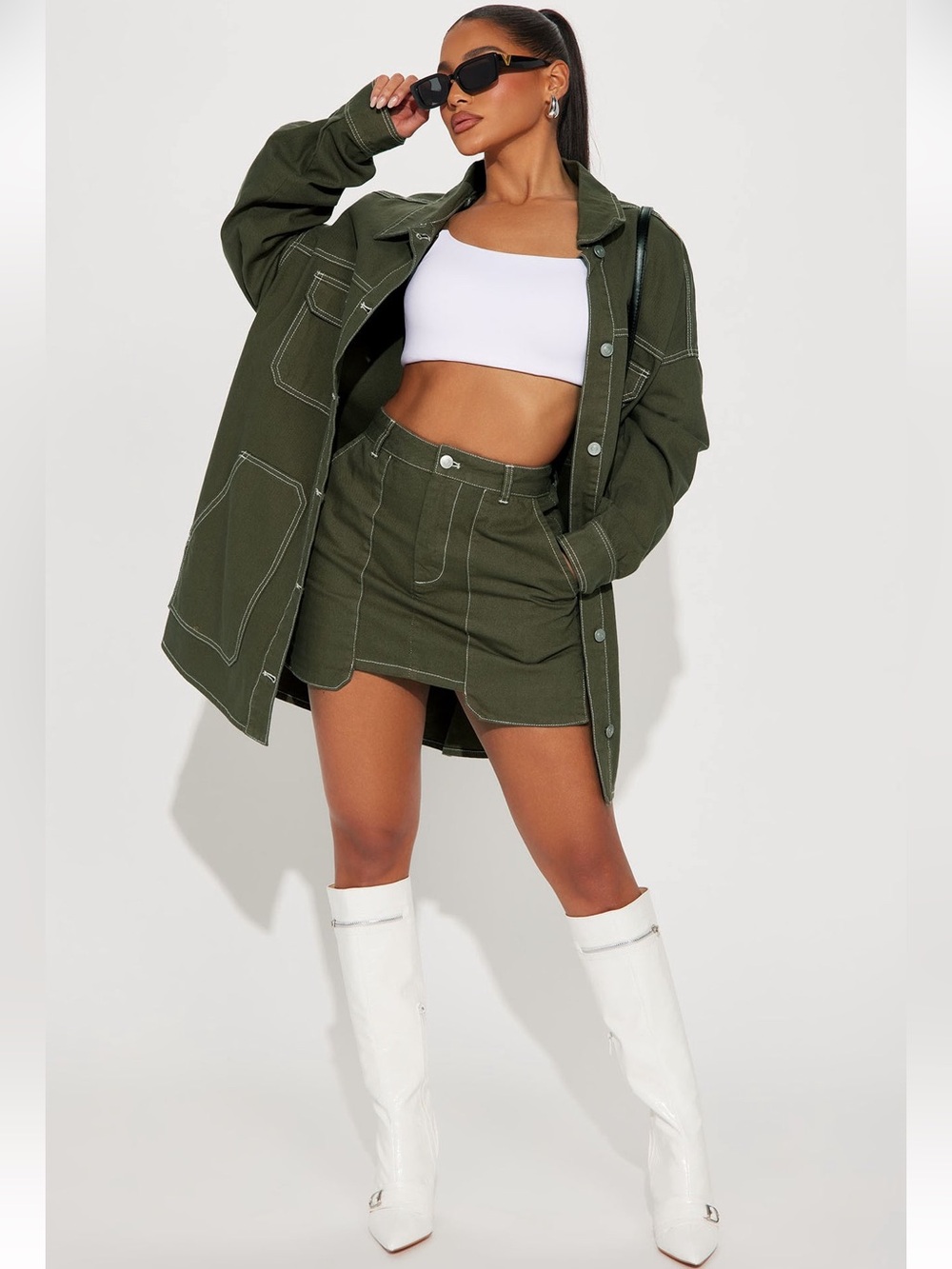 Olive Denim Two-Piece Shirt Jacket and Mini Skirt Set